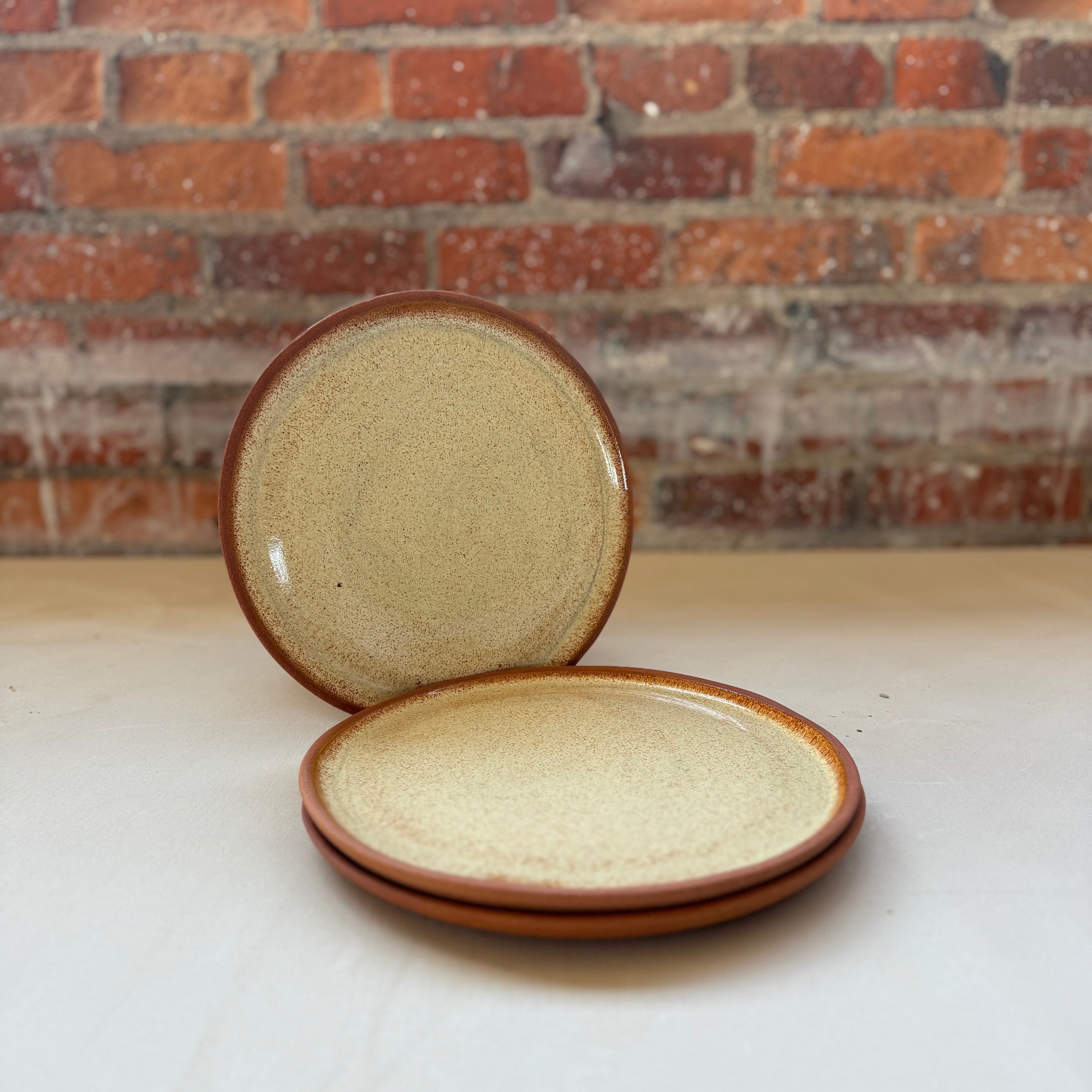 Two small round ceramic plates with a speckled beige interior and a warm brown rim, stacked and leaning against a white surface in front of a red brick wall.